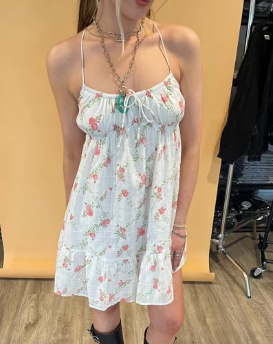 Image of NUFIWI Women Boho Graffiti Cami Mini Dress Spaghetti Strap Printed A Line Short Dress Backless Cut Out Colorful Sundress