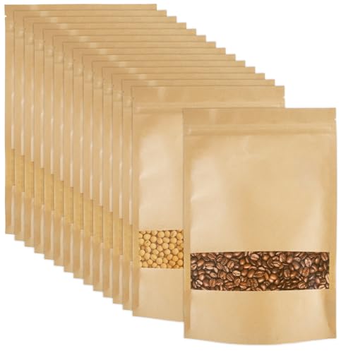30 Pièes Marron Sachet Kraft Zip, 26 × 18 cm Sachets en Papier Kraft Marron avec Fenetre, Sachet Krafts Alimentaire avec Fenetre pour Noix, Grains de Café,...