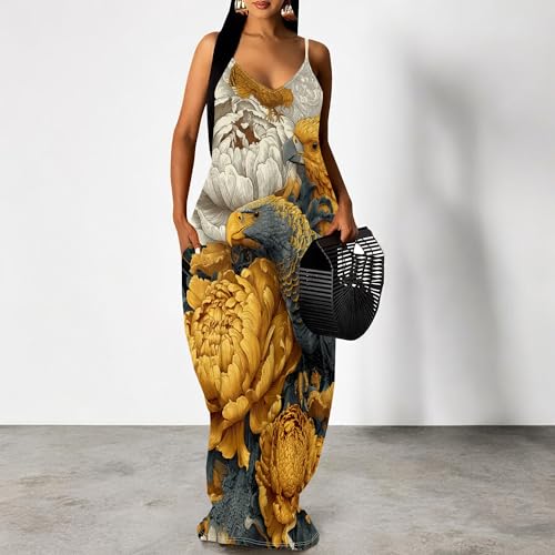 Image of Women's Summer Maxi Dress Spaghetti Strap Floral Boho Beach Long Sundress with Pockets