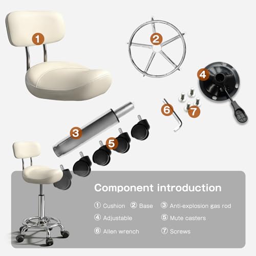 Image of Saddle Stool with Ring Pedal and Back, Adjustable Hydraulic Rolling Chair with Wheels for Medical, Massage, Salon, Spa, Kitchen, and Drafting Use