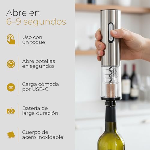 Miniatura 2 de Kuky Cuisine Sacacorchos Eléctrico Recargable Para Vino Con Cortacápsulas, Tapón De Vacío Y Anillo Antigoteo, Set Abridor En Caja Regalo