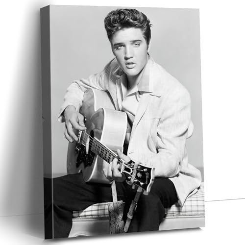CanvasGarden Elvis Presley Canvas Wall Art, Celebrity Musician Rock and Roll Vintage Poster Black and White Picture Idol Art Decor, Framed Prints for Living Room Bedroom Office Decor, 16x24Inch