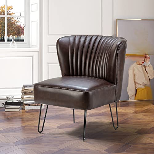 Hulala Home Faux Leather Accent Chair With Metal Base, Mid Century Modern Living Room Chair, Comfy Upholstered Armless Side Chair For Bedroom Office, Brown #TOP19