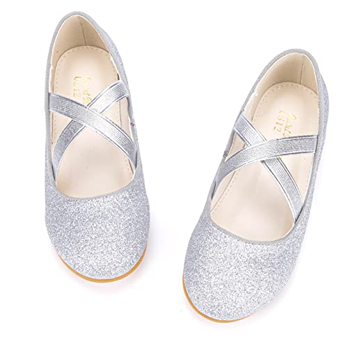 Girls Glitter Ballerina Dress Shoes Mary Jane Ballet Flats for Girls Wedding Party Back to School with Elastic Strap