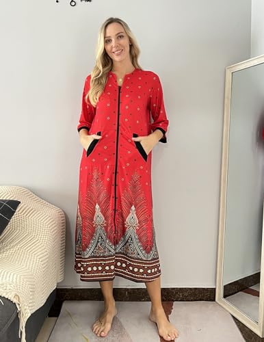 Image of Ekouaer Women Zipper Robe 3 /4 Sleeves Loungewear Dress Full Length Sleepwear Pockets Housecoat Nightgown Long Bathrobe