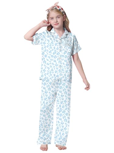 Umeyda Girls Pajamas, Satin Pjs Silk Sleepwear Comfy Family Matching 2Pcs Lightweight Loungewear Gift for Teen Kids, Blue Leopard, 11-12 Years = Tag 1602