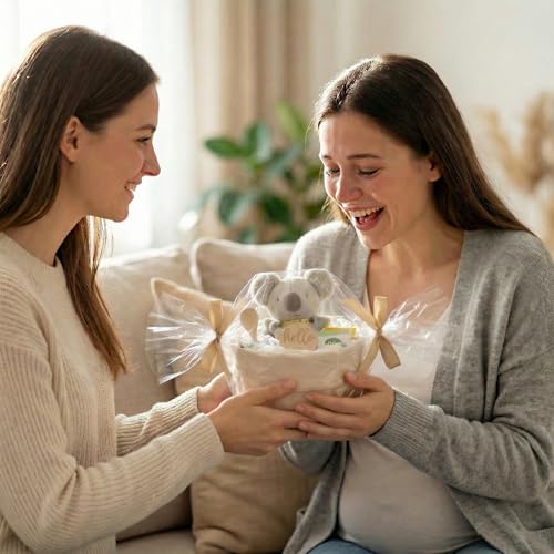 Windeltorte Mädchen & Junge mit Koala Greifling - Boho Vintage [Handmade] - Baby Geschenk zur Geburt & Babyparty - mit Organizer-Säckchen, Premium Windeln & Geschenkfolie, Windeltorte Neutral