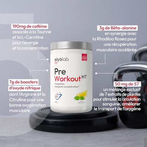 PRE WORKOUT HT | Booster Musculation sans Créatine | 3g de Bêta-Alanine + 3g d'Arginine + 4g de Citrulline + 200mg de Caféine + S7 | Énergie + Congestion Musculaire | 500g | Menthe Citron | Eiyolab – Image 4