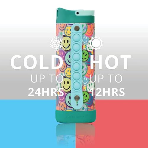 Elemental Iconic Pop Kids Water Bottle For School Girls And Boys | Triple Insulated Stainless Steel Thermos With Straw Lid & Fidget Handle | Flask Water Bottle | Bpa Free Tumbler, 14Oz -Graffiti Smile #TOP3