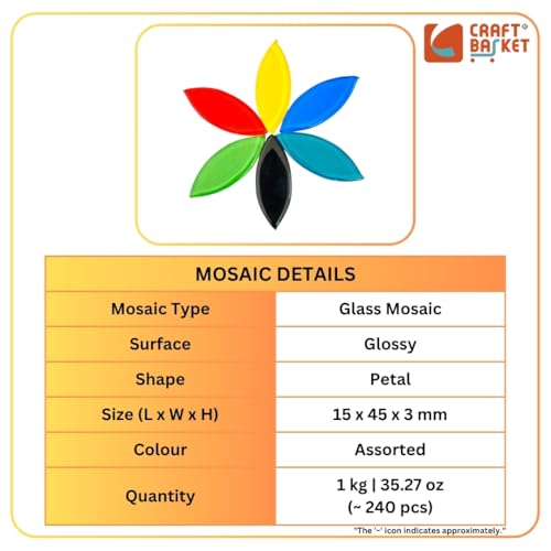 Image of Assorted Colours Glass Mosaic Tiles (20 Variations) (All Packs: 100 g,200 g,1 kg,1 kg), DIY Mosaic Art, Decoration, Crystal Glass Mosaic Tiles (Glossy Petal 15 x 45 mm), 1 kg