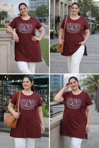 Image of RYSH Women's Printed Cotton Plus Size Longline T-Shirt with Pockets | Cotton fabric - soft longline T-shirt with easy plus-size fit