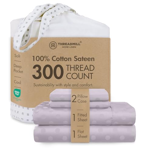 Image of Threadmill Cotton King Sheet Set, Sateen, Damask, Lilac, 4-Piece | 100% Cotton, Sateen Weave, Damask Pattern, 4-Piece Set, Breathable, All-Season, Lightweight, OEKO-TEX Certified