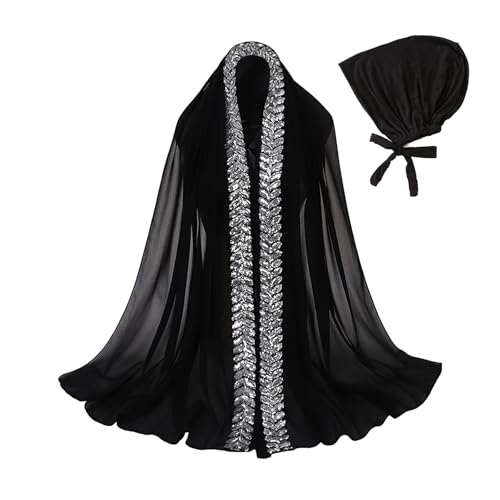 Chiffon Hijab Scarf Undercap Set with Sequined Leaf Trim for Muslim Women Prayer Head Scarf Long Shawl Wrap Soft Inner Cap