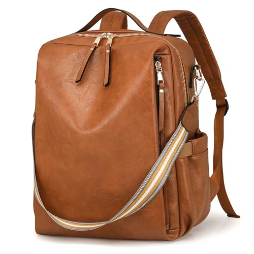 Dora & Liz Mochila feminina para laptop de couro com compartimento para laptop de 15,6 polegadas, bolsa de trabalho universitária para computador, Marrom, Large, Mochila de couro para viagem