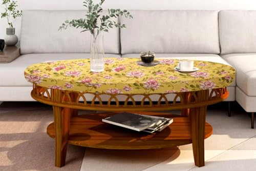 Image of The Furnishing Tree Elastic Cotton Oval Center Table Cover 16x36 in Inches Floral Pink Rose on Yellow Base