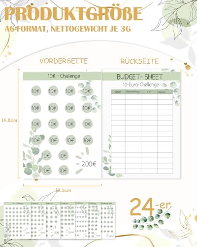 Sugeru 24pcs Budget Planner Deutsch-A6,Sparchallenge Budgetplaner,Budget Planner Zubehör, mit 2€, 5€, 10€, 20€, 50€, Kleingeld, 52 Wochen, 100 Wochen, Sparchallenges (Eukalyptus)