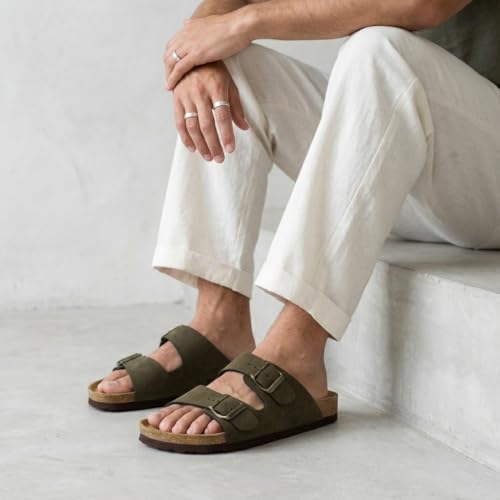 Image of CUSHIONAIRE Lane Cork Footbed Mens Sandals, Adjustable Buckle Comfort Slides for Men, Genuine Leather Insole Summer Sandals Men Footwear