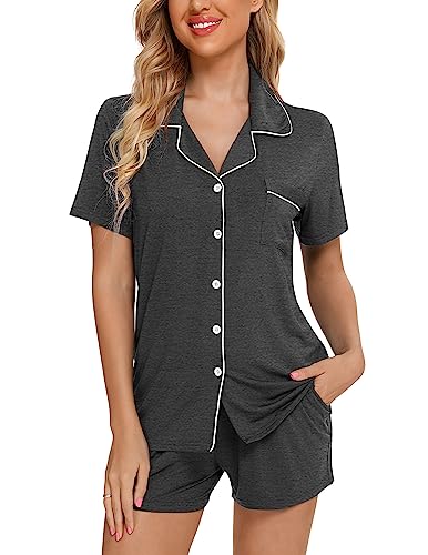Image of Pjmlifecoco Women's Modal Pajama Set Short Sleeve Button Down Two Piece Soft Sleepwear with Shorts Loungewear S-XXL