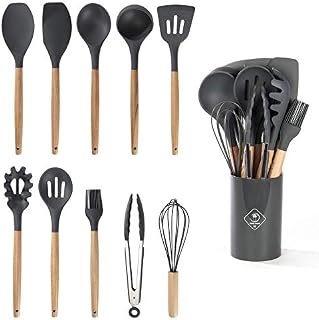 Silicone Kitchen Utensils in Grey | Set of 11 | Spatulas for Cooking, Baking | Non-Scratch & Non-Stick Utensil Set | 9 Hooks & Holder Included | M&W