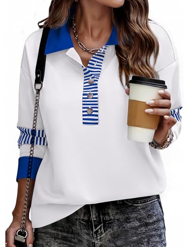 Image of Zeagoo Womens Sweatshirt No Hood Henley V Neck Polo Shirts Pullover Long Sleeve Fall Tops Lightweight Fashion Work 2025 White L