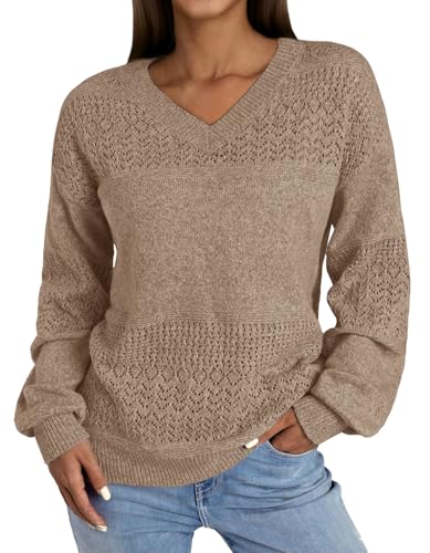 NORACORA Womens V Neck Fall Sweaters 2025 Casual Long Sleeve Ribbed Knit Pullover Lightweight Crochet Pullover Sweater Tops Brown