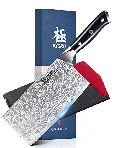 KYOKU Gin Series Vegetable Cleaver Knife, 7" Asian Vegetable Knife, Japanese Style VG10 Damascus Stainless Steel Knife, with Silver Ion Blade G10 Handle Mosaic Pin Sheath & Case