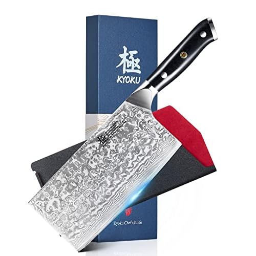 KYOKU 7″ Japanese Damascus Meat Cleaver Chopping Knife,UPGRADED Chinese Vegetable Slicing Cutter with Silver Ion Coating,Sharp VG10 Asian Kitchen Cooking Cutting Chef Knife for Professional Home Chefs