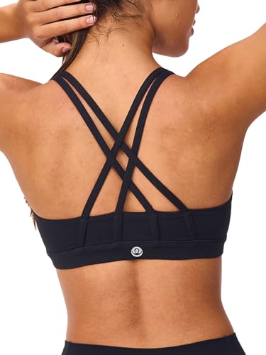 Omwilddo Women's Strappy Sports Bras Light Compression Crop Criss Cross Back Padded Workout Yoga Bra Supportive U Neckline Black S