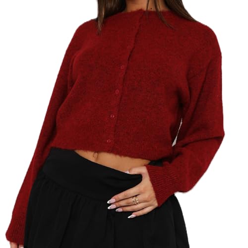Image of Muineobuka Women Knit Cropped Cardigan Tops Long Sleeve Button Down Lightweight Bolero Sweater Tops Wine Red, X-Large