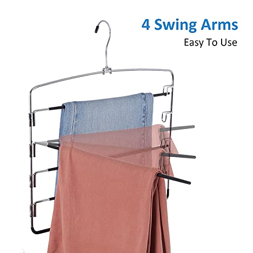 Pants Hangers 4 Pieces, Swing Arm Trousers Hanger, Space Saving Pants Rack, 5 Layers Jeans Hangers With Non-Slip, Multiple Pants Hanger Closet Organizer For Trousers Scarves Ties #TOP4