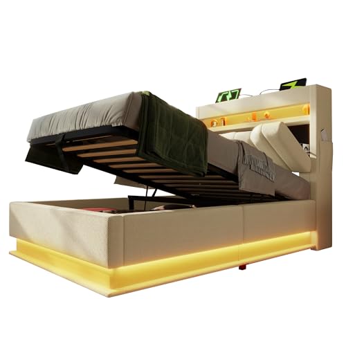 Cama Tapizada 90 x 200 cm con Cabecero de Almacenaje en Lino, USB y Type-C, Iluminación LED en Cabecero y Pie de Cama, Cama Individual con Somier y Baúl Hidráulico para Dormitorio, Beige, Con Colchón - imagen 8