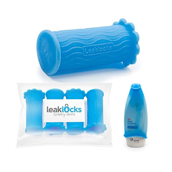 LeakLocks-Toiletry-Skins-4-pak-Elastic-Sleeve-for-Leak-Proofing-Travel-Container-in-Luggage-For-Standard-and-Travel-Sized-Toiletries-Reusable-Accessory-for-Travel-Bag-Suitcase-and-Carry-on-Luggage