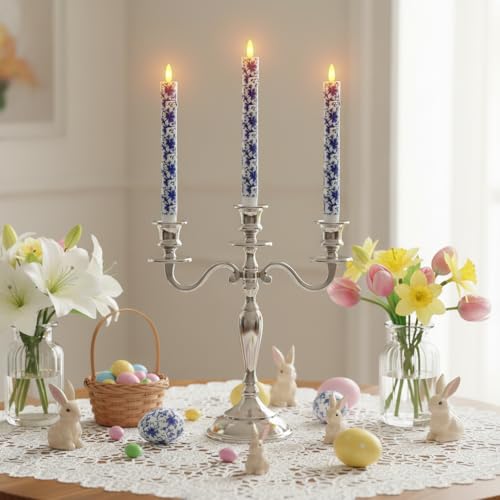 Image of Chinoiserie LED Candles Remote Candlesticks-10inches Blue and White Battery Operated Candles Timer Floral LED Taper Candles Lights for Home Wedding Tea Party Windows Decor-RC2PC-BLUWHT