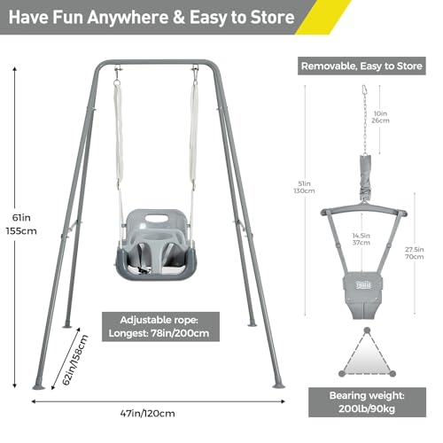 Image of FUNLIO 2 in 1 Swing Set for Toddler & Baby Jumper, Heavy Duty Kids Swing & Bouncer with 4 Sandbags, Foldable Metal Stand for Indoor /Outdoor Play, Easy to Assemble and Store - Grey