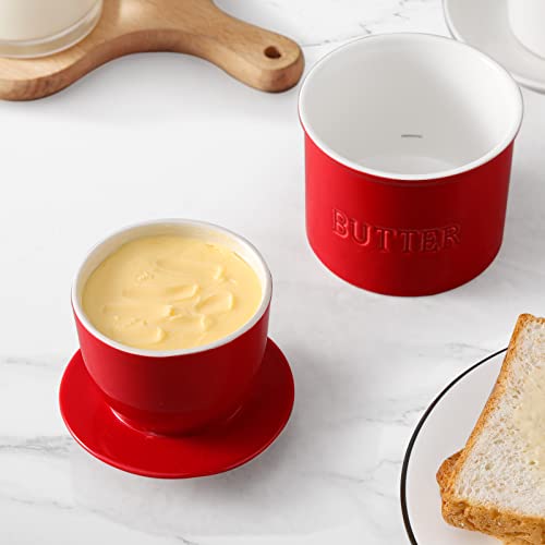 Porcelain Butter Keeper Crock, Vidalenta French Butter Dish With Lid For Countertop, 7.5 Oz Ceramic Butter Crock For Spreadable Fresh Butter, Farmhouse Butter Holder, Housewarming Gift, Red #TOP6