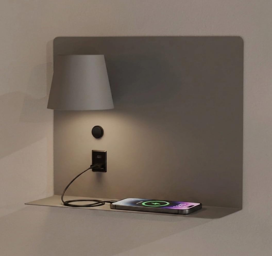 BARCELONA LED Wandleuchte BASKOP 6W Grau Links | Leselicht auf der linken Seite | USB + USB-C | Bettkopfteil Lampe mit Ablage | LED 2700K Warmweiß | 350° Drehbarer Spot für Schlafzimmer Modern
