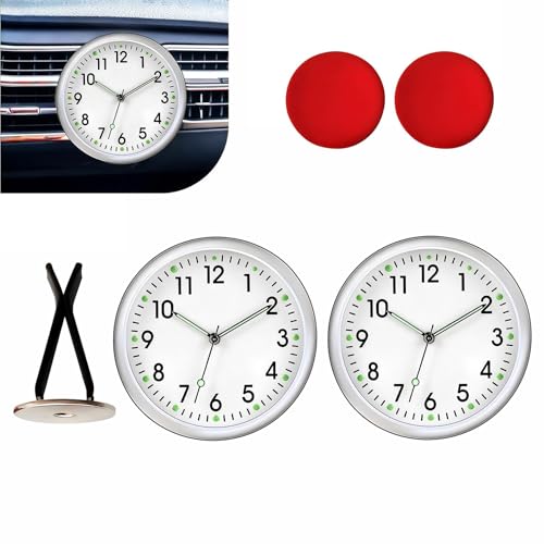 Fiknonk 2 Pack Mini Car Clocks 1.57 Inch Luminous Analog Dashboard Clock with Adhesive and Car Vent Clips Alloy Metal Vent Car Watch Universal for Most Cars Trucks SUVs(White)
