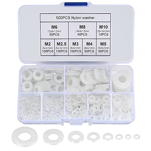 500 Piezas Arandela Plana de Nylon, Arandela Plana Aislante Redondo, Juntas Toricas para Arandelas Mecánicas - Blanco, M2/M2.5/M3/M4/M5/M6/M8/M10