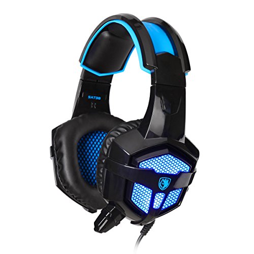 Sades SA-738 - Auriculares con micrófono para PC/Juegos (de diadema cerrados, 118 dB, USB, 3.5), color negro y azul