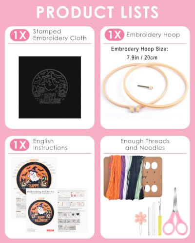 Image of TINDTOP Halloween Embroidery Kit for Adult, Embroidery DIY Starter Kit, with Stamped Patterns, Hoop, Tools, Colorful Threads with Needles, Instructions (Halloween B)