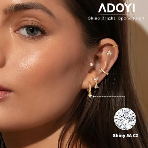 adoyi Hypoallergenic Surgical Steel Earrings for Sensitive Ears 14K Gold Plated Samll Huggie Hoops Earrings Flat Back Studs Stainless Steel Cartilage Earrings for Women Men Multiple Piercing2