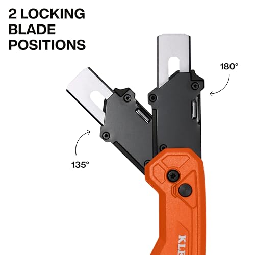 Image of Klein Tools 44310 FLICKBLADE Carpet Blade Folding Utility Knife, Two Locking Positions at 135-Degree and 180-Degree, Integrated Tucking Tool, Tool-Free Blade Change, Durable Aluminum Body