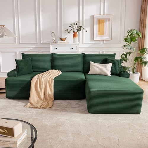Image of Mangodan Cloud Sectional Sofa, Boneless Couch for Living Room, Modular Sectional Sofa with Deep Seat, Fluffy L-Shaped Comfy Couch with Right-Facing Chaise, No Assembly Required, Green