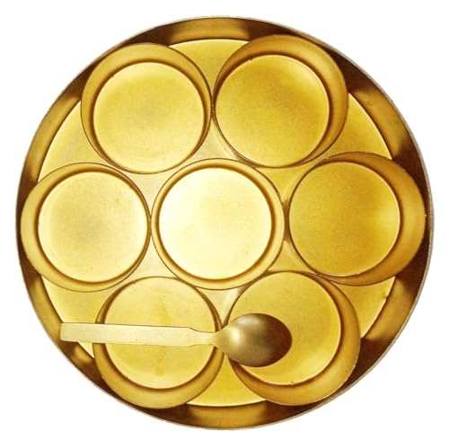 Image of Golden Metal Made Decorative Spice Box with Embossed Lid | Handcrafted Metal Masala Dabba For Kitchen With Spoon (7 Containers, 40 Ml) | Indian Spice Storage Organizer with Lid