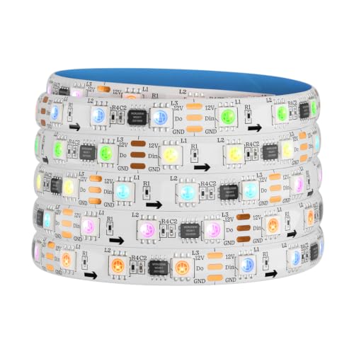 SEZO WS2811 RGB IC LED Streifen 5M 60LEDs/M DC12V Individuell Adressierbar Licht Strip Breite 10mm Dimmbar Traumfarbe Lichtleiste IP65 Wasserdicht PCB Weiß für Inneneinrichtung DIY Projekte