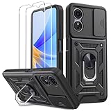 Oududianzi- Coque pour Oppo A17, [ 2 Protecteur Verre Trempé], Protection Caméra avec Coulissant, Support Rotatif, Coque de Protection Antichoc Anti-Rayures - Noir