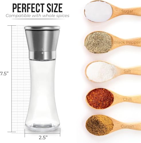 Image of Pepper Grinder or Salt Grinder, Best Spice Mill with Ceramic Blades, Adjustable Coarseness, Black Pepper Mill Grinder Shaker Steel Lid, Big Pepper Mill / 2PCS