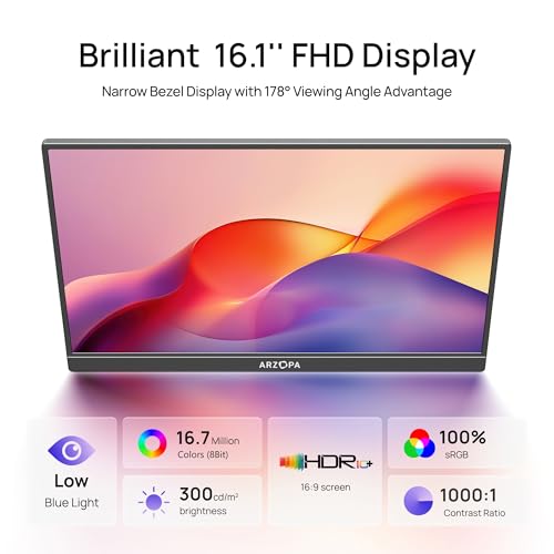 Image of ARZOPA 16.1 inch Portable Monitor, 100% sRGB FHD 1080P Kickstand Portable Laptop Monitor High Color Gamut Display IPS Eye Care Screen for High-end Office & Entertainment -Z1C