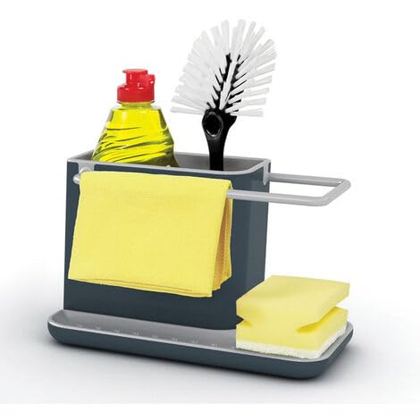 Kitchen Sink Organiser Caddy with Drip Tray & Cloth Rail, BPA-Free Plastic Sponge Holder with Drainage Plate, Compact Countertop Storage for Brushes, Sponges & Washing Up Liquid (Black & Grey)