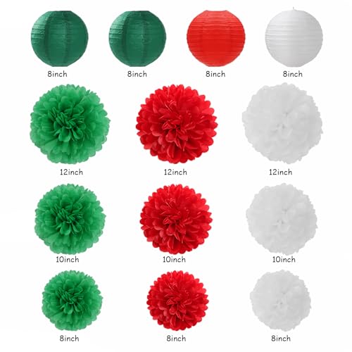 Image of Red Green-White Christmas Party Decorations - 20pcs Mexican Italian Paper Lanterns Fans,Tissue Pom Poms,Honeycomb Balls,Bunting,Birthday Mexico Italy Baby Shower Wedding Decor Burgleda